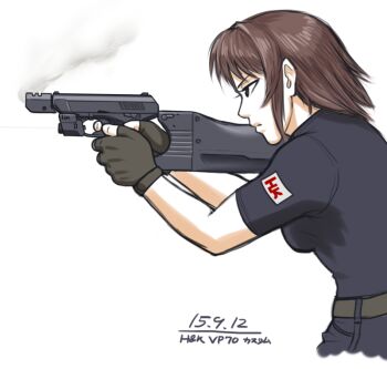 1girl aiming black_gloves breasts brown_eyes brown_hair burst_fire_gun burst_fire_pistol dated female_focus from_side gloves gun gun_stock h&amp;k_vp70 h&amp;k_vp70m handgun heckler_&amp;_koch laser laser_aiming_module laser_pointer laser_sight muzzle_device original partially_fingerless_gloves pistol red_laser shirt short_hair shoulder-stocked_handgun sight_(weapon) solo stock_(firearm) submachine_gun t-shirt taikyoku_tsurugi transforming_weapon weapon