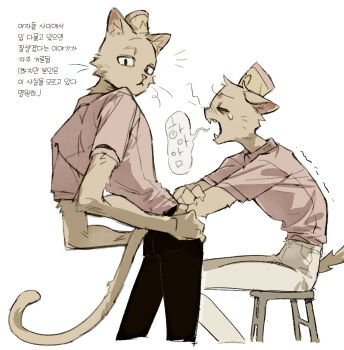 1boy animal_ears brown_fur burgerpants cat_boy cat_ears cat_tail closed_eyes clothing_cutout cowboy_shot fangs furry furry_male hands_on_own_hips hat highres korean_text leaning_back looking_at_viewer male_focus multiple_views on_stool open_mouth pink_shirt profile shirt simple_background sitting standing stool tail tail_through_clothes taku_(taku_10288) undertale utdr_(toby_fox) whiskers white_background yawning yellow_hat