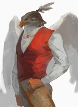 1boy bird_boy brown_feathers commentary_request cowboy_shot feathered_wings feathers furry furry_male grey_feathers grey_shirt looking_to_the_side male_focus nagabe orange_eyes original red_vest shirt simple_background solo standing vest white_background wings