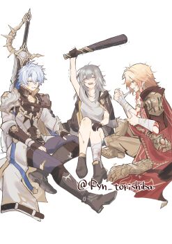 Rule 34 | 1girl, 2boys, absurdres, after battle, arm up, armlet, armor, armored boots, bandaged ankle, bandaged arm, bandages, baseball bat, black boots, black gloves, black jacket, black skirt, blonde hair, blue eyes, blue pants, boots, bra strap, breasts, cape, chipped sword, clenched teeth, closed eyes, coat, commentary request, dawnmaker (honkai: star rail), extra ears, full body, gauntlets, gloves, grey hair, hair between eyes, high heel boots, high heels, highres, holding, holding baseball bat, honkai: star rail, honkai (series), indian style, injury, jacket, jacket on shoulders, jewelry, knees up, long hair, looking at another, medium breasts, medium hair, mouth hold, multiple boys, mydei (honkai: star rail), open mouth, pants, parted lips, pauldrons, phainon (honkai: star rail), planted, planted sword, planted weapon, red cape, red tattoo, ryn torishiba, shirt, short hair, shoulder armor, simple background, single gauntlet, single pauldron, sitting, skirt, smile, stelle (honkai: star rail), sword, teeth, torn clothes, torn pants, trailblazer (honkai: star rail), trembling, twitter username, unworn armor, weapon, white background, white coat, white hair, white shirt, yellow blood, yellow eyes