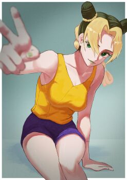 1girl absurdres arm_support commentary_request cone_hair_bun double_bun green_eyes green_hair hair_bun highres jojo_no_kimyou_na_bouken kuujou_jolyne magurosamm multicolored_hair purple_shorts shorts sitting solo stone_ocean tank_top two-tone_hair v yellow_tank_top