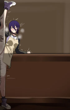 1boy 1girl absurdres apron black_choker blush chainsaw_man choker green_eyes highres implied_sex leg_hold mini2chainz one_eye_closed purple_hair reze_(chainsaw_man) split standing standing_on_one_leg standing_split stealth_sex sweat yellow_apron