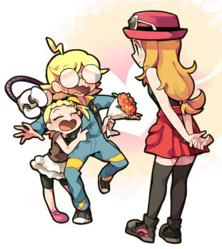 Rule 34 | 1boy, 2girls, bonnie (pokemon), brother and sister, brown hair, clemont (pokemon), flower, glasses, hat, holding, jumpsuit, mechanical arms, multiple girls, nintendo, pokemon, pokemon xy, ponytail, serena (pokemon), shirt, siblings, single mechanical arm, skirt, smile, standing, sweat, tsunoji, wavy mouth