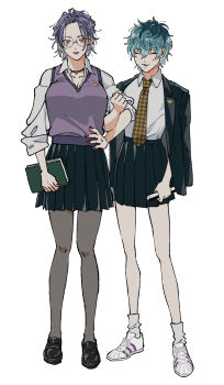 2girls :3 ^_^ aged_down ankle_socks aqua_hair arm_at_side black_jacket black_shoes black_skirt blazer book breasts choppy_bangs clenched_hand closed_eyes collarbone collared_shirt commentary curtained_hair facing_another fingernails folded_fan folding_fan full_body furrowed_brow genderswap genderswap_(mtf) glasses grey-framed_eyewear hand_fan hand_on_own_hip highres holding holding_book holding_fan houndstooth hypnosis_mic jacket jacket_on_shoulders jewelry lapel_pin large_breasts light_blush loafers locked_arms looking_ahead looking_at_viewer multicolored_hair multiple_girls necklace necktie nurude_sasara omanjumaturi1 open_mouth pale_skin pantyhose parted_bangs partially_unbuttoned pink_lips pleated_skirt purple_hair purple_sweater_vest red_eyes red_nails round_eyewear school_uniform shirt shirt_tucked_in shoes short_hair side-by-side simple_background skirt sleeves_rolled_up sneakers socks straight-on sweater_vest tsutsujimori_rosho white_background white_shirt white_shoes white_socks yellow_necktie