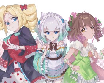 3girls absurdres apron aqua_dress aqua_hair black_jacket blue_eyes brown_eyes brown_hair closed_mouth collar dark-skinned_female dark_skin densetsu.exe detached_collar dress drill_hair flower green_dress hair_flower hair_ornament highres jacket looking_at_viewer mai_owmy maid maid_apron maid_headdress medium_hair mint_fantome mint_fantome_(minto_2.0) multiple_girls phoebe_(vtuber) pointy_ears red_shirt shirt skirt smile v victoria_roman virtual_youtuber white_apron white_background white_collar white_skirt