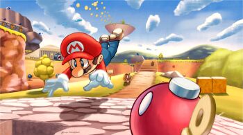 1boy blue_eyes blue_overalls bob-omb_battlefield bob-omb_buddy boots brown_boots brown_hair day facial_hair gloves goomba grass hat highres maribou_(supermaribou) mario mario_(series) mustache nintendo outdoors overalls red_hat red_shirt shirt short_hair super_mario_64 tree white_gloves