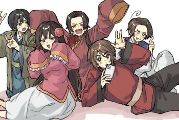 >_< 1girl 4boys ahoge arms_up axis_powers_hetalia belt black_hair black_pants blue_kimono blue_vest blush breasts brown_eyes brown_hair cellphone changpao china_(hetalia) chinese_clothes closed_eyes closed_mouth damoi_home feet_out_of_frame flower fox_shadow_puppet frills green_belt green_haori hair_between_eyes hair_flower hair_ornament hanbok hands_up haori holding holding_phone hong_kong_(hetalia) index_finger_raised japan_(hetalia) japanese_clothes kimono korea_(hetalia) korean_clothes long_hair long_sleeves low_ponytail lying mandarin_collar medium_breasts multiple_boys on_side one_eye_closed open_clothes open_mouth pants phone pink_flower pink_shirt ponytail red_changpao red_shirt shadow shirt short_hair simple_background sitting skirt smartphone taiwan_(hetalia) tearing_up tongue tongue_out v v-shaped_eyebrows vest white_background white_hanbok white_pants white_skirt wide_sleeves yellow_belt yellow_eyes