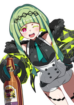 1girl absurdres beer_bottle black_gloves black_shirt bottle buttons cianter commentary devil_summoner_(series) double-breasted dutch_angle english_commentary fur-trimmed_collar fur-trimmed_jacket fur_trim gloves green_hair green_necktie hair_ornament hand_on_own_hip highres holding holding_bottle jacket looking_at_viewer mixed-language_commentary necktie one_eye_closed open_mouth pink_eyes ringo_(soul_hackers_2) shirt short_shorts shorts simple_background sleeveless sleeveless_shirt smile solo soul_hackers_2 standing teeth upper_teeth_only vest white_background white_shorts white_vest