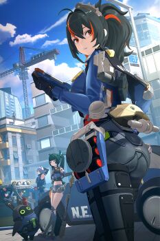 2boys 3d 4girls absurdres android animal_ears ass belle_(zenless_zone_zero) black_gloves black_hair blue_hair blue_jacket blue_sky car cat_boy cat_ears cat_tail city cloud cloudy_sky day fingerless_gloves gloves green_eyes green_hair grey_hair hair_between_eyes hair_ornament hairband highres holding holding_weapon ingyuarts jacket jane_doe_(zenless_zone_zero) long_hair metal_hairband motor_vehicle mouse_girl multicolored_hair multiple_boys multiple_girls navel open_mouth outdoors pants police police_badge police_uniform policewoman ponytail qingyi_(zenless_zone_zero) red_eyes red_streaks securityboo_(zenless_zone_zero) seth_lowell short_hair sitting sky sphere_hair_ornament streaked_hair tail thighs twintails waving weapon white_hair wise_(zenless_zone_zero) zenless_zone_zero zhu_yuan