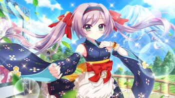 1girl apron blue_hairband blue_kimono blue_sky bow breasts closed_mouth cloud day detached_sleeves dot_nose film_grain game_cg green_eyes hair_bow hair_intakes hairband hand_on_own_chest izumi_tsubasu japanese_clothes kimono lens_flare light_smile long_hair looking_at_viewer misaki_sango mount_fuji non-web_source obi official_art outdoors outstretched_arm print_kimono purple_hair re:stage! red_bow sash screen sky small_breasts solo sparkle speaker stage stage_lights sunlight tree twintails