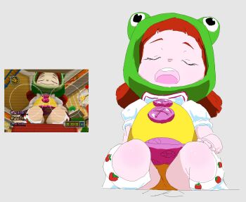 1girl animal_hat artist_request chibi-robo! closed_eyes floral_print flower_print food_print frog frog_hat fruit_print green_hat grey_background hand_on_own_knee hat highres jenny_sanderson kneehighs loli low_twintails nintendo open_mouth orange_panties panties pink_skirt print_skirt print_socks puffy_sleeves red_hair reference_inset shirt short_hair short_sleeves skirt sleeping smile socks strawberry_print teeth twintails underwear upskirt vest white_shirt white_sleeves white_socks yellow_vest