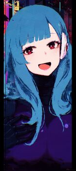 1girl absurdres android blue_hair blunt_bangs breasts hand_on_own_chest head_tilt highres kira_miki large_breasts open_mouth red_eyes rnna solo va-11_hall-a