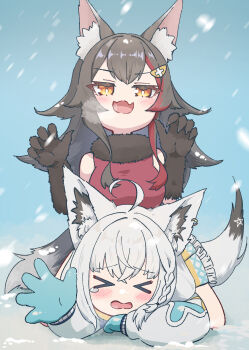 &gt;_&lt; 2girls ahoge alternate_costume animal_ear_fluff animal_ear_piercing animal_ears black_hair blue_gloves blush bright_pupils claw_pose claws coat commentary_request double-parted_bangs fang fox_ears fox_girl fox_tail fur_collar fur_gloves gloves highres hololive lying mia960 multicolored_hair multiple_girls on_stomach ookami_mio open_hand open_mouth outdoors outstretched_arm red_shirt red_streaks shirakami_fubuki shirt sitting sitting_on_person skin_fang sleeveless sleeveless_shirt smile snow snowing streaked_hair tail tears virtual_youtuber white_coat white_pupils wolf_ears wolf_girl yellow_eyes