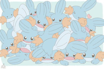 Rule 34 | > <, black eyes, commentary request, ditto, full body, gen 1 pokemon, gen 3 pokemon, heart, mochimaro (infj oekaki), mudkip, nintendo, no humans, nostrils, open mouth, pile, pokemon, pokemon (creature), signature, transformed ditto