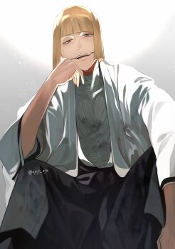 Rule 34 | 1boy, ajuji aju, bleach, blonde hair, blunt bangs, blunt ends, commentary request, elbow on knee, from below, grey background, haori, highres, hirako shinji, japanese clothes, looking at viewer, male focus, short hair, simple background, sitting, solo, taichou haori, twitter username