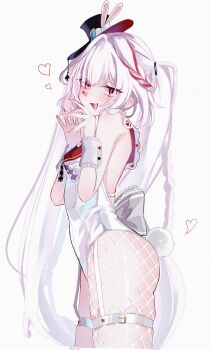 1girl alternate_costume black_hat commentary_request facial_mark fake_tail fishnet_pantyhose fishnets godone_(5do_zzzzz) hat heart heart_facial_mark highres honkai:_star_rail honkai_(series) leotard long_hair looking_at_viewer mini_hat mini_top_hat pantyhose playboy_bunny purple_eyes rabbit_tail simple_background smile solo sparkle_(honkai:_star_rail) sparxie_(honkai:_star_rail) tail top_hat very_long_hair white_background white_hair white_leotard wrist_cuffs