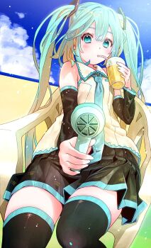 1girl aqua_eyes aqua_hair aqua_necktie aqua_trim armpit_crease black_skirt black_sleeves blush chair cup detached_sleeves drinking_straw hair_between_eyes hair_ornament hatsune_miku highres holding holding_cup kawamitsu long_hair long_sleeves looking_at_viewer miniskirt necktie on_chair pleated_skirt shirt sitting skirt sleeveless sleeveless_shirt solo vocaloid wide_sleeves
