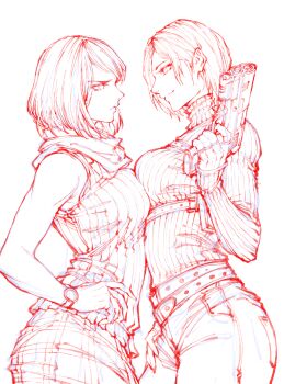 2girls absurdres ada_wong ashley_graham ass belt breasts fingerless_gloves g_studio gloves gun hand_on_own_hip handgun highres huge_ass large_breasts looking_at_another multiple_girls red_theme resident_evil resident_evil_4 resident_evil_4_(remake) short_hair skirt turtleneck watch weapon white_background