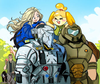 Rule 34 | 2girls, 3boys, absurdres, animal crossing, animal nose, armor, bell, blue coat, carrying, coat, crossover, diana (pragmata), dog, dog girl, doom (series), doomguy, fullmetal alchemist, glasses, green armor, grey visor, hair bell, hair ornament, highres, hugh williams, isabelle (animal crossing), multiple boys, multiple crossover, multiple girls, nintendo, person on back, piggyback, praetor suit, pragmata, shou tucker, shou tucker's chimera, snegovski, spacesuit, topknot, when you see it, white dog