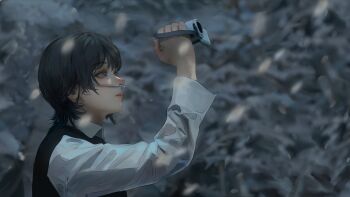 Rule 34 | 1girl, absurdres, aegyo sal, black hair, black vest, blue eyes, blurry, blurry background, blush, breathing tube, camera, chinese commentary, collared shirt, commentary, eri (sayonara eri), from side, highres, holding, holding camera, light blush, lips, long sleeves, making-of available, medium hair, movie reference, nose blush, profile, recording, sayonara eri, shirt, snow, snowing, solo, tree, upper body, vest, white shirt, winter, yao liao wang