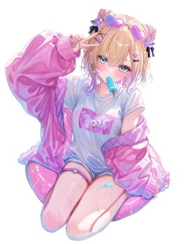 1girl absurdres black_bow black_ribbon blonde_hair blush bow breasts character_name collarbone cone_hair_bun double_bun earrings fingernails flower food food_on_body food_on_legs green_eyes hair_between_eyes hair_bow hair_bun hair_flower hair_ornament hairclip head_tilt heart heart-shaped_eyewear heart_earrings heart_hair_ornament heart_necklace heart_o-ring highres holding holding_food holding_popsicle innertube jacket jewelry kurumi_noah long_sleeves looking_at_viewer medium_hair mouth_hold multicolored_hair nail_polish necklace o-ring o-ring_thigh_strap open_clothes open_jacket pink-tinted_eyewear pink_hair pink_jacket popsicle purple_flower purple_nails ribbon sa-ya2 shirt short_sleeves sleeves_past_wrists solo sweat swim_ring t-shirt thigh_strap thighs tinted_eyewear two-tone_hair v virtual_youtuber vspo! water white-framed_eyewear white_shirt