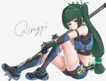 1girl absurdres android black_gloves black_shirt black_shoes blue_shorts braid closed_mouth fingerless_gloves gloves green_eyes green_hair hair_ornament highres holding long_hair looking_at_viewer mimei0229 police police_uniform policewoman qingyi_(zenless_zone_zero) shirt shoes shorts side_braids simple_background sitting solo sphere_hair_ornament twintails weapon white_background zenless_zone_zero
