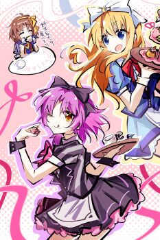 25ocoveryui 3girls absurdres anelace_elfead black_ribbon blonde_hair blue_eyes brown_hair commentary_request curtained_hair diner eiyuu_densetsu hair_ribbon hairband highres multiple_girls open_mouth purple_hair renne_(eiyuu_densetsu) ribbon sora_no_kiseki tita_russell waitress yellow_eyes yellow_hairband