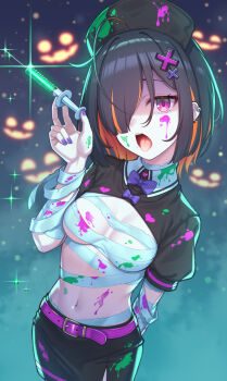 1girl arm_behind_back bandaged_arm bandaged_chest bandaged_torso bandages belt black_hair black_skirt blush breasts colored_inner_hair ear_piercing hair_ornament hair_over_eyes halloween hat highres holding holding_syringe kouzuki_tsubasa_(musou_kaidou) long_bangs looking_at_viewer medium_breasts mixed-language_commentary ms._nurse multicolored_hair navel nurse nurse_cap open_mouth orange_hair original piercing pink_belt pink_eyes purple_nails short_sleeves shrug_(clothing) skirt solo syringe tongue tongue_out x_hair_ornament