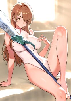 1girl absurdres arm_support artist_request bare_shoulders barefoot breasts brown_hair character_request china_dress chinese_clothes closed_mouth commission copyright_request dress feet hair_over_one_eye highres knee_up large_breasts long_hair looking_at_viewer pelvic_curtain polearm second-party_source sitting sleeveless sleeveless_dress smile solo weapon white_dress yellow_eyes
