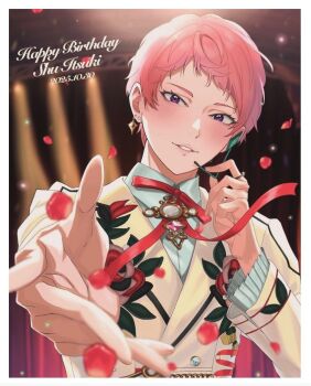 1boy adjusting_headset blurry blurry_background character_name clenched_teeth collared_shirt commentary commentary_request dated earrings english_commentary ensemble_stars! feature_scout_2_(ensemble_stars!) floral_print hands_up happy_birthday headset itsuki_shu jewelry looking_at_viewer male_focus mixed-language_commentary official_alternate_costume outstretched_arm outstretched_hand pink_hair purple_eyes red_petals red_ribbon ribbon ring sasano_(onikuoishi0612) shirt short_bangs short_hair solo stud_earrings teeth upper_body