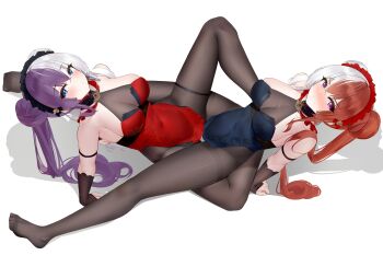 2girls azur_lane blue_dress blue_eyes bodystocking breasts chao_ho_(azur_lane) chao_ho_(frolicking_flowers_verse_ii)_(azur_lane) cleavage detached_sleeves double_bun dress frilled_hairband frills from_above full_body hair_bun hairband highres large_breasts long_hair looking_at_viewer lying multicolored_hair multiple_girls official_alternate_costume on_back purple_eyes purple_hair red_dress red_hair sexually_suggestive siblings sisters split-color_hair thigh_strap thighband_bodystocking twins two-tone_hair very_long_hair white_hair ying_swei_(azur_lane) ying_swei_(frolicking_flowers_verse_i)_(azur_lane) zerotwenty_(020)