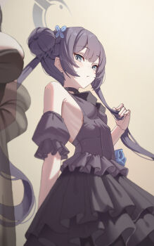 2girls alternate_costume black_dress black_eyes black_hair blue_archive blush breasts dress halo highres kisaki_(blue_archive) kisaki_(dress)_(blue_archive) large_breasts looking_at_another looking_at_viewer mahou_gnome multiple_girls official_alternate_costume rio_(blue_archive) rio_(dress)_(blue_archive) simple_background small_breasts solo