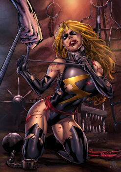 absurdres black_gloves blonde_hair blood blood_on_clothes blood_on_face bruise captured carol_danvers collar gloves highres injury marvel ms._marvel non-web_source thighhighs torn_clothes