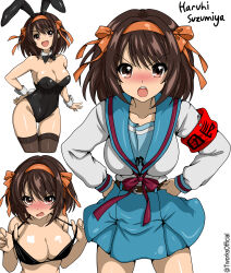 Rule 34 | 1girl, absurdres, animal ears, armband, bikini, bikini top only, bikini top pull, black bikini, black bow, black bowtie, black hair, black leotard, black thighhighs, blue sailor collar, blue skirt, blush, bow, bowtie, breasts, brown eyes, character name, cleavage, commentary, cowboy shot, detached collar, hairband, highres, kita high school uniform, leotard, looking at viewer, medium breasts, multiple views, nose blush, open mouth, orange hairband, playboy bunny, pleated skirt, rabbit ears, rabbit tail, sailor collar, school uniform, serafuku, shirt, skirt, suzumiya haruhi, suzumiya haruhi no yuuutsu, swimsuit, t-works, tail, teeth, thighhighs, twitter username, upper body, upper teeth only, white shirt, winter uniform, wrist cuffs