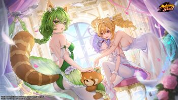 3girls absurdres artist_request ass_rest athletic_leotard back backless_leotard ballerina ballet ballet_slippers blonde_hair breasts copyright_logo cross-shaped_pupils curtains day dress drill_hair falling_feathers feathers flower green_eyes green_hair highres hug indoors knee_up large_breasts leotard light_smile logo long_braid looking_at_viewer mahjong_soul mirai_(mahjong_soul) multiple_girls official_art on_stool open_mouth pantyhose purple_eyes purple_hair red_eyes red_panda red_panda_ears red_panda_girl red_panda_tail rose sitting small_breasts stool suzumiya_anju symbol-shaped_pupils white_dress white_pantyhose window wristband yuzu_(mahjong_soul)