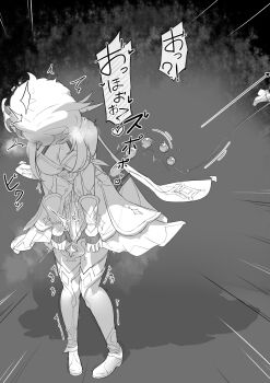 2girls anal_beads arrow_(symbol) bare_shoulders boots breasts dress elbow_gloves flower forced_orgasm genshin_impact gloves hair_between_eyes hair_flower hair_ornament highres lucifina_006 lumine_(genshin_impact) medium_breasts monochrome multiple_girls orgasm paimon_(genshin_impact) sex_toy short_hair_with_long_locks sidelocks sleeveless sleeveless_dress standing string thigh_boots trembling