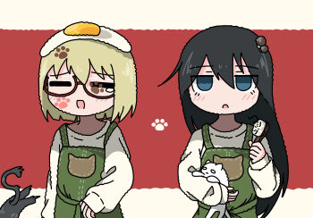 2girls animal apron black_hair blonde_hair blue_eyes cat closed_eyes emesan_desu food food_on_head fried_egg glasses green_apron hair_between_eyes hair_brush highres holding holding_animal holding_cat holding_hair_brush jacket long_hair long_sleeves looking_at_viewer multiple_girls mushroom_on_head object_on_head open_clothes open_jacket paw_print red_background semi-rimless_eyewear shimeji_simulation short_hair tsukishima_shijima under-rim_eyewear upper_body yamashita_majime