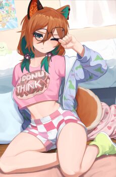 1girl absurdres adversarial_noise animal_ear_piercing animal_ears bare_legs bed black-framed_eyewear brown_hair checkered_clothes checkered_shorts clothes_writing colored_inner_hair commentary cropped_shirt curtains dinosaur_print dog_ears dog_girl dog_tail english_commentary eyewear_lift fang fang_out frown full_body glasses green_eyes green_hair heart heart_print highres indoors jacket light_blush long_hair long_sleeves low_twintails midriff mismatched_animal_ear_colors miyoshino_shiki multicolored_hair one_eye_covered pink_shirt poster_(object) print_jacket prism_project prosthetic_ear rubbing_eyes shirt short_shorts shorts sitting solo tail twintails two-tone_hair virtual_youtuber yoako