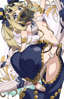 Rule 34 | 1girl, absurdres, armlet, blonde hair, blue eyes, breasts, commentary request, dancer, harem outfit, highleg, highleg panties, highres, jewelry, long hair, looking at viewer, mouth veil, navel, open mouth, original, panties, ponytail, sandals, small breasts, smile, solo, toes, underwear, ushiki yoshitaka, veil