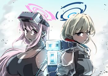 2boys aiming aiming_at_viewer back-to-back blonde_hair blue_archive blue_eyes blue_halo breasts cleavage commentary_request devil_may_cry devil_may_cry_(series) devil_may_cry_3 eimi_(battlesuit)_(blue_archive) eimi_(blue_archive) ganma_(nicoseiga52595768) grey_sports_bra gun halo handgun highres holding holding_gun holding_weapon jacket large_breasts long_hair looking_at_viewer medium_breasts multiple_boys open_mouth parody pink_eyes pink_hair pink_halo sports_bra toki_(armed)_(blue_archive) toki_(blue_archive) upper_body weapon white_jacket