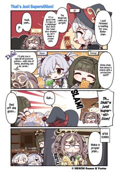 4girls blue_archive bow bowtie brown_hair card chibi comic door_slam english_translation eri_(blue_archive) green_hair hair_ribbon halo hat highres kanoe_(blue_archive) multiple_girls necktie official_art potion rena_(blue_archive) ribbon school_uniform sergei_(pattundo) translated tsumugi_(blue_archive) under_table white_hair witch_hat