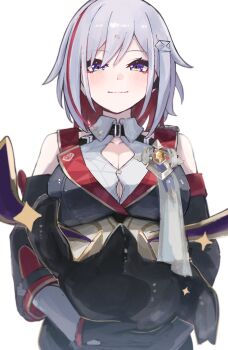 1girl bare_shoulders black_gloves black_unitard blue_eyes blush breasts button_gap carrying cleavage closed_mouth collared_shirt colored_inner_hair commentary gloves grey_hair hair_ornament highres honkai:_star_rail honkai_(series) large_breasts multicolored_hair numby_(honkai:_star_rail) red_hair red_streaks sanshoku_dango_(shukosuko) shirt short_hair sleeveless sleeveless_shirt smile streaked_hair topaz_(honkai:_star_rail) trotter_(honkai:_star_rail) white_shirt