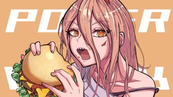 1girl absurdres blonde_hair bra_strap burger chainsaw_man character_name commentary_request crosshair_pupils double-parted_bangs eating food food_on_face grey_shirt hair_between_eyes highres holding holding_burger holding_food karan_koron100 long_hair long_hair_between_eyes looking_at_viewer open_mouth power_(chainsaw_man) sharp_teeth shirt solo strap_slip teeth upper_body yellow_background yellow_eyes