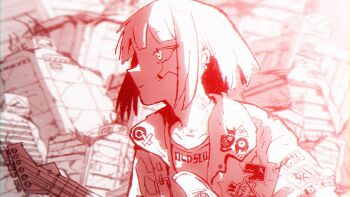 1girl artificial_eye building city column cyberpunk cyborg czn_radiosonde debris dystopia guitar highres holding instrument mechanical_eye metal_skin original pillar red_theme robot_girl rubble ruins science_fiction skyscraper wreckage