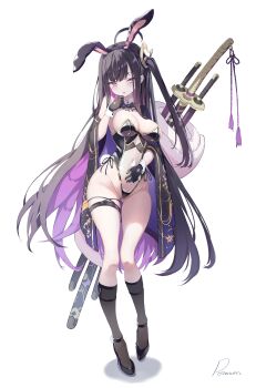 1girl absurdres ahoge alternate_costume animal_ear_hairband animal_ears artist_name black_bow black_bowtie black_gloves black_hair black_leotard black_shoes black_socks bow bowtie breasts chitose_(stella_sora) cleavage colored_inner_hair commentary detached_collar english_commentary fake_animal_ears fake_tail gloves gluteal_fold hairband high_heels highleg highleg_leotard highres katana large_breasts leotard long_hair looking_at_viewer mole mole_under_eye multicolored_hair navel nontraditional_playboy_bunny one_side_up parted_lips playboy_bunny pota_ken purple_eyes purple_hair rabbit_ears see-through_clothes see-through_leotard sheath sheathed shoes signature simple_background socks solo standing stella_sora sword sword_on_back tail thigh_gap thigh_strap thighs translucent_bunnysuit two-tone_hair very_long_hair weapon weapon_on_back white_background white_wrist_cuffs wrist_cuffs