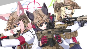 3girls animal_ears armband assault_rifle black_gloves blue_archive blue_eyes blue_halo blue_sailor_collar blue_skirt brown_helmet brown_vest bulletproof_vest commentary_request fox_ears fox_girl fox_platoon_(blue_archive) gloves green_eyes green_gloves green_halo grey_gloves gun halo helmet holding holding_gun holding_weapon kurumi_(blue_archive) looking_at_viewer multiple_girls neckerchief night_vision niko_(blue_archive) null_0022 red_armband red_gloves red_halo red_neckerchief rifle sailor_collar school_uniform serafuku shirt shotgun simple_background skirt vest weapon white_background white_shirt yukino_(blue_archive)