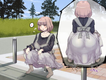 1girl anal anal_object_insertion ass black_shirt blunt_bangs blush bob_cut bollard boots breasts breath brown_hair curvy day female_masturbation full_body guard_rail heart hedge highres huge_ass large_breasts large_insertion long_sleeves masturbation multiple_views object_insertion open_mouth original outdoors pee plump public_indecency puddle red_eyes road shirt short_hair spoken_heart squatting stealth_masturbation street tetsuwan_woopie tree