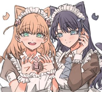 2girls animal_ears apron aqua_eyes ascot black_hair blue_ascot blue_eyes blush bow bowtie brown_dress cat_ears chinese_commentary closed_mouth commentary_request dress four-finger_heart_hands frilled_apron frills heart heart_hands highres hinoshita_kaho juliet_sleeves junjun_(kimi-la) link!_like!_love_live! long_hair long_sleeves looking_at_viewer love_live! maid maid_apron maid_headdress multiple_girls murano_sayaka nyan_nyan_nyan_fair_in_gamers official_alternate_costume orange_hair pink_bow pink_bowtie puffy_short_sleeves puffy_sleeves round_teeth short_sleeves simple_background smile teeth upper_body upper_teeth_only virtual_youtuber white_apron white_background