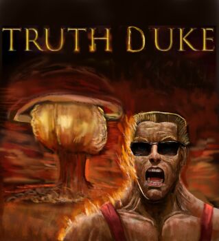 1boy absurdres blonde_hair blue_eyes burning character_name duke_nukem duke_nukem_(series) english_text explosion fire highres male_focus meme muscular muscular_male nuclear_explosion open_mouth pixel_axel portrait realistic_teeth short_hair solo sunglasses teeth tongue truth_nuke_(meme) very_short_hair