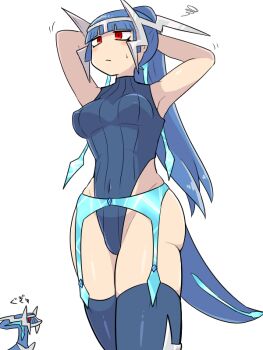 1girl 1other blue_garter_belt blue_hair blue_leotard blue_thighhighs blush cartier_(kasugai_(de-tteiu)) commentary creature_and_personification dialga fake_horns gen_4_pokemon hands_in_own_hair high_ponytail horned_headwear horns kasugai_(de-tteiu) legendary_pokemon leotard nintendo personification pokemon pokemon_dppt ponytail red_eyes squiggle tail thighhighs thighs translated